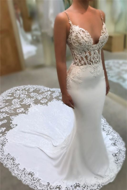 Spaghetti-Straps Mermaid V-Neck Applique Wedding Dress