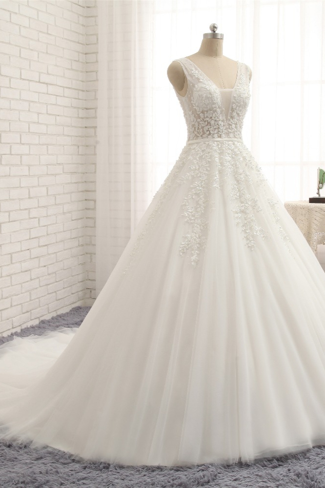 BMbridal Gorgeous Straps Sleeveless White Wedding Dresses With Appliques A-line Tulle Ruffles Bridal Gowns Online-BMbridal