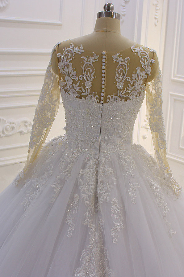 BMbridal Ball Gown Tulle Appliqus Wedding Dress Long Sleeves Jewel Beading Ruffles Bridal Gowns On Sale-BMbridal