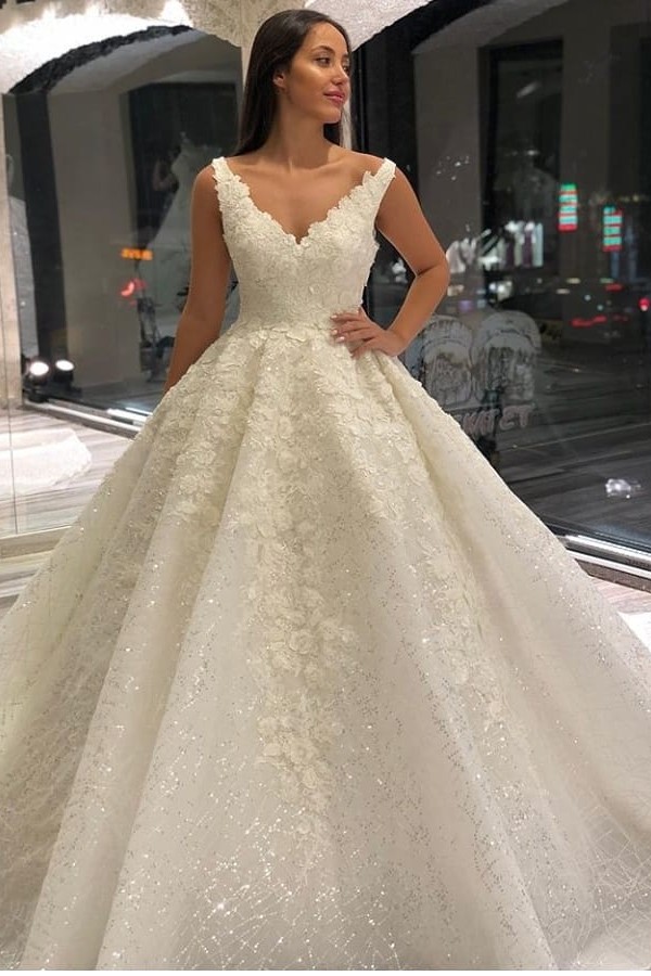 Gorgeous Floor-Length A-Line Sequins Deep V-Neck Wedding Dress with Appliques Lace