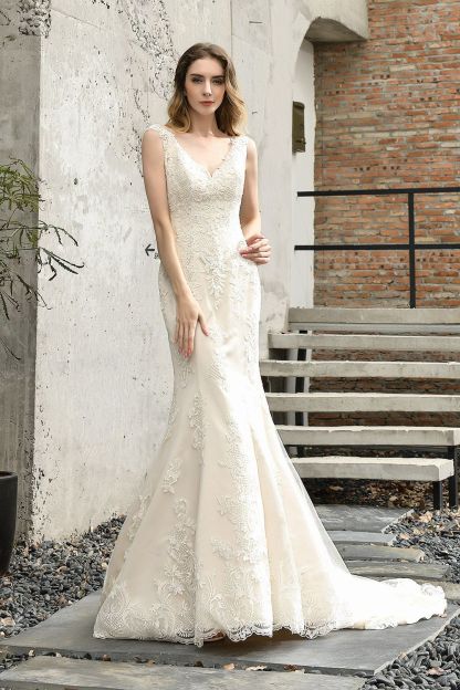 BMbridal Glamorous Mermaid Satin Lace Open Back Wedding Dress