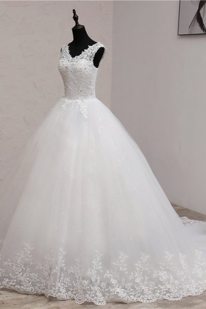 BMbridal Ball Gown V-Neck White Tulle Wedding Dresses Sleeveless Lace Appliques Bridal Gowns with Beadings-BMbridal