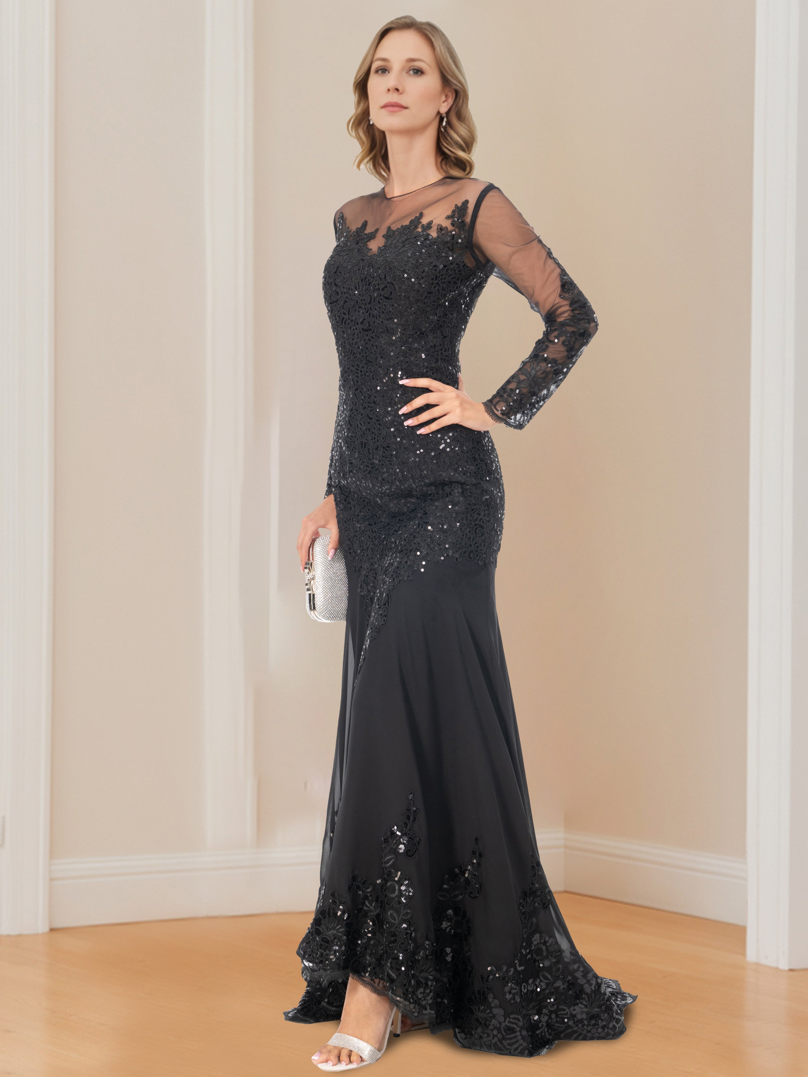 Long-Sleeved Scoop Neck Mermaid/Trumpet Mother of the Bride Dress with Applique-BMbridal
