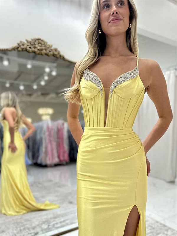 Sparkly Black Mermaid Spaghetti Straps Grey Corset Prom Dress with Slit