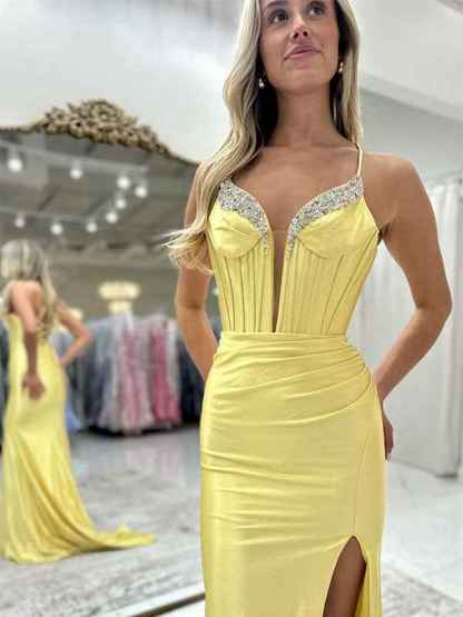 Sparkly Black Mermaid Spaghetti Straps Grey Corset Prom Dress with Slit