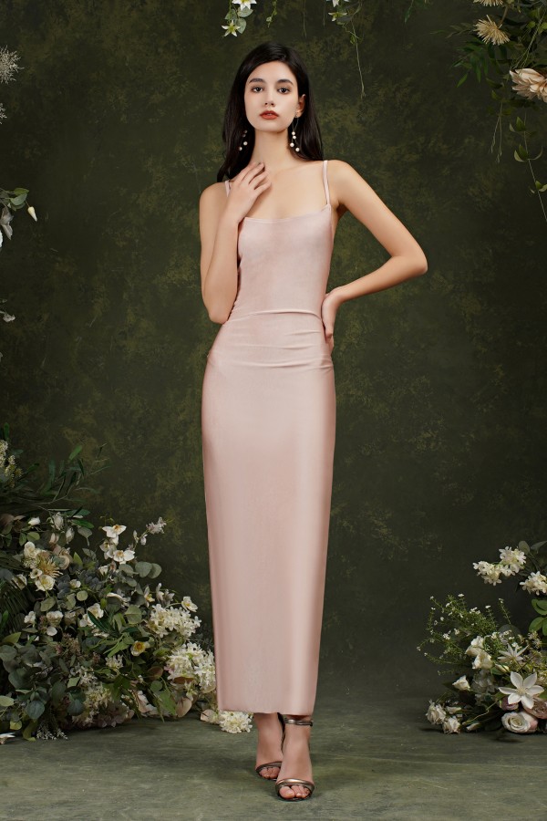 BMbridal Spaghetti-Straps Dusty Pink Bridesmaid Dress Long With Split