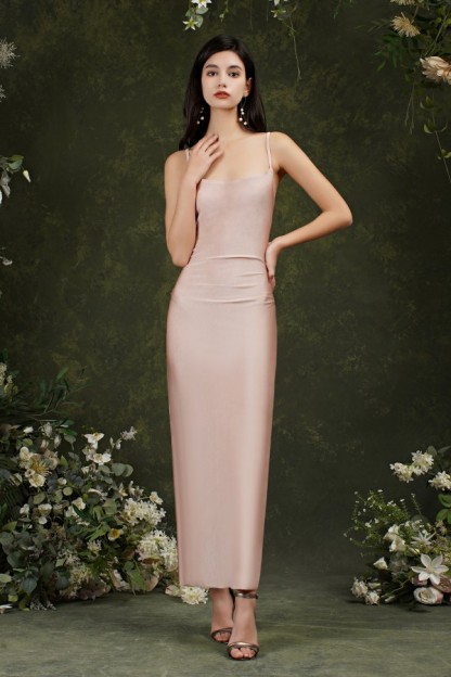 BMbridal Spaghetti-Straps Dusty Pink Bridesmaid Dress Long With Split