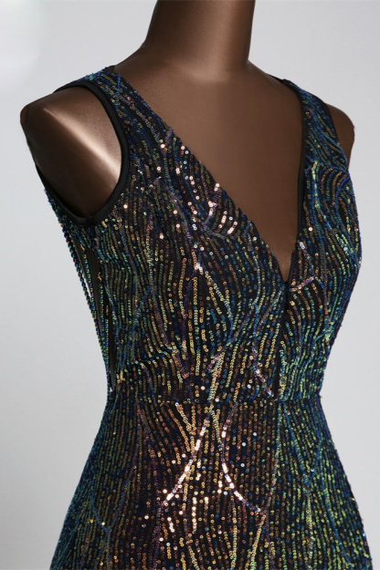 BMbridal Luxury V-Neck Backless Sequins Mermaid Prom Dresses with Front Slit