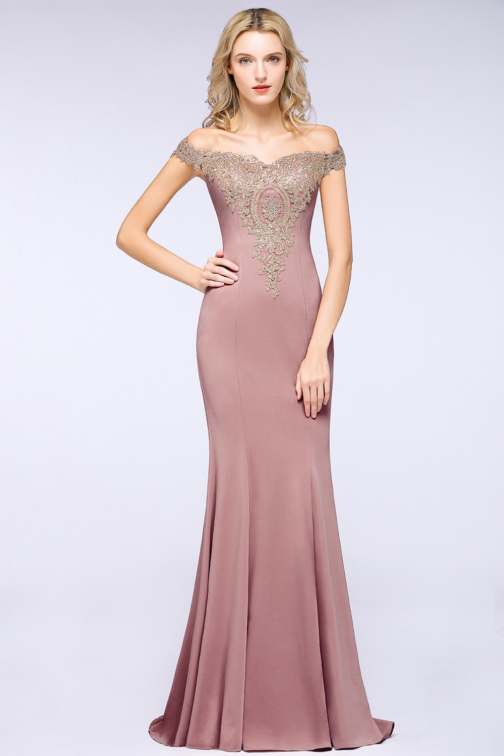 BMbridal Elegant Off-the-Shoulder Mermaid Prom Dress Long With Lace Appliques