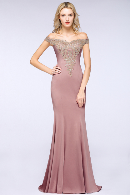 BMbridal Elegant Off-the-Shoulder Mermaid Prom Dress Long With Lace Appliques