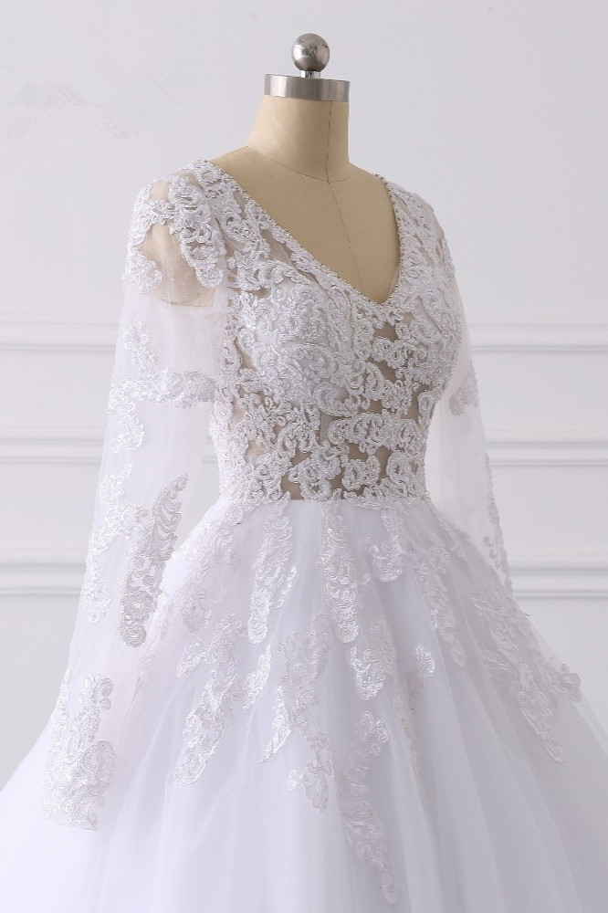 BMbridal Elegant V-Neck Long Sleeves Wedding Dress White Tulle Lace Appliques Bridal Gowns On Sale