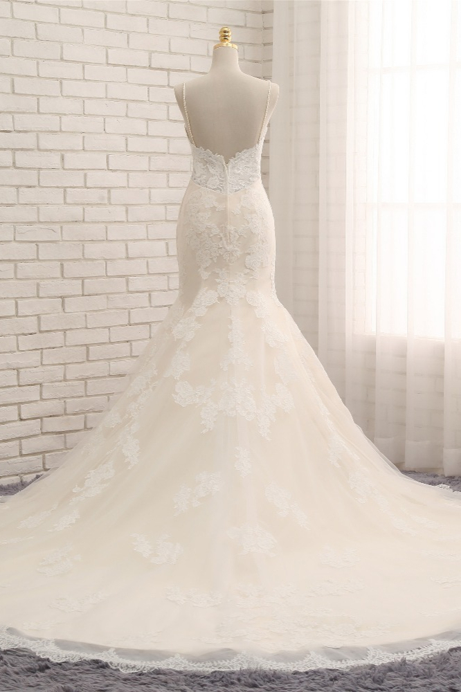 BMbridal Sexy Spaghetti Straps Mermaid Wedding Dresses Sleeveless Lace Bridal Gowns With Appliques Online-BMbridal