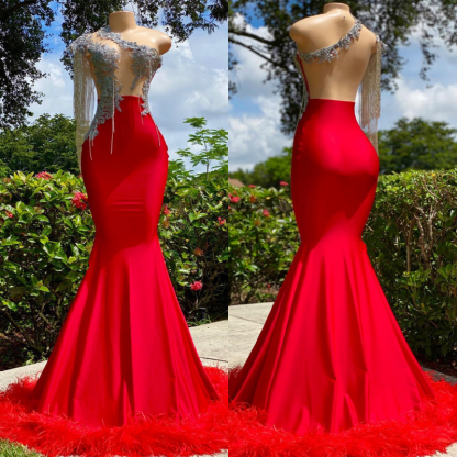 Bmbridal Red Mermiad One Shoulder Prom Dress with Appliques
