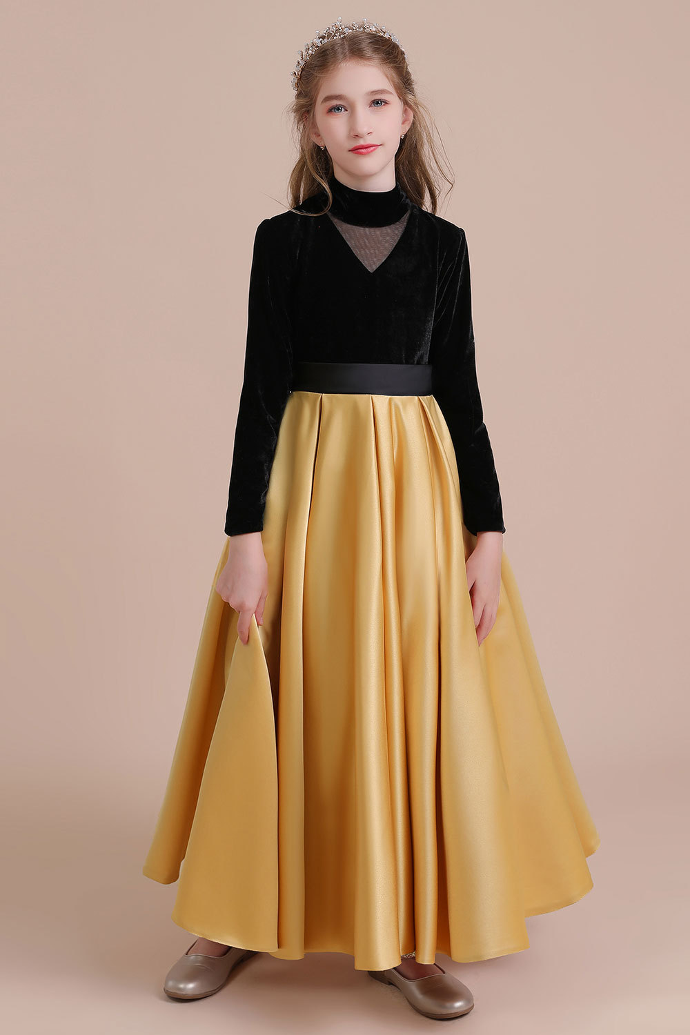 BMbridal A-Line High-neck Velvet Satin Flower Girl Dress Online-BMbridal