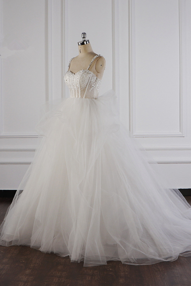 BMbridal Elegant Straps Tulle Lace Wedding Dress Sweetheart Appliques Beadings Bridal Gowns with Ruffles On Sale-BMbridal