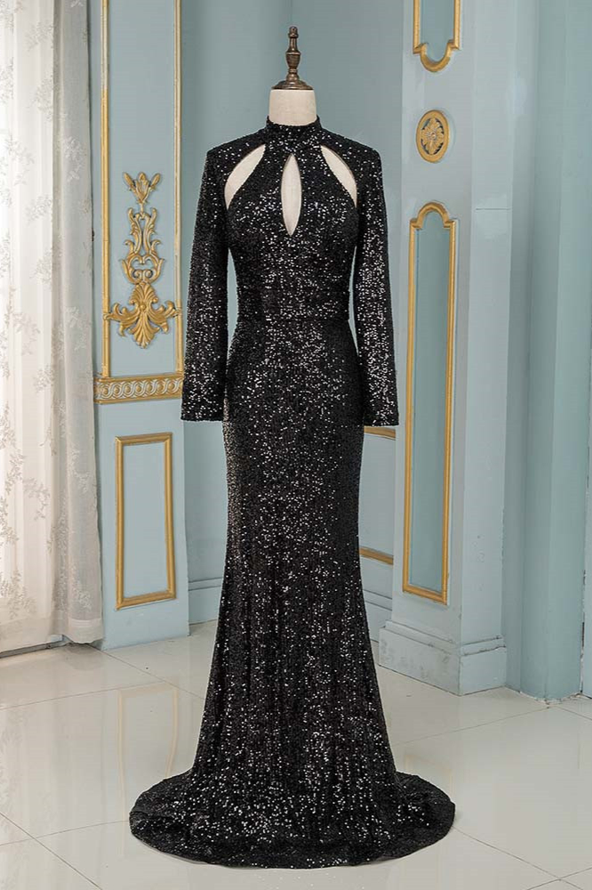 BMbridal Sparkly Sequined High-Neck Black Prom Dresses with Long Sleeves
