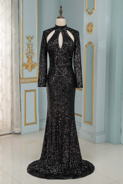 BMbridal Sparkly Sequined High-Neck Black Prom Dresses with Long Sleeves