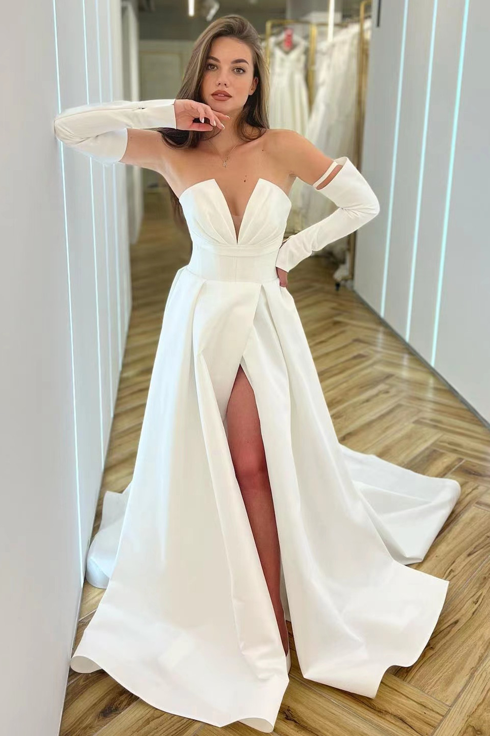 Chic White A Line V Neck Long Sleeves High Waist Long Prom Dress With Split