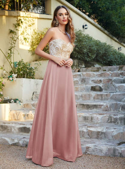 A-line Scoop Chiffon Appliques Floor-Length Dresses Dark Navy-BMbridal