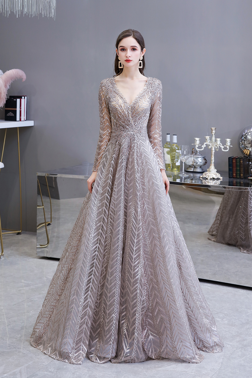 BMbridal Sexy V-Neck Long Sleeve Prom Dress Appliques A-Line Evening Gowns-BMbridal