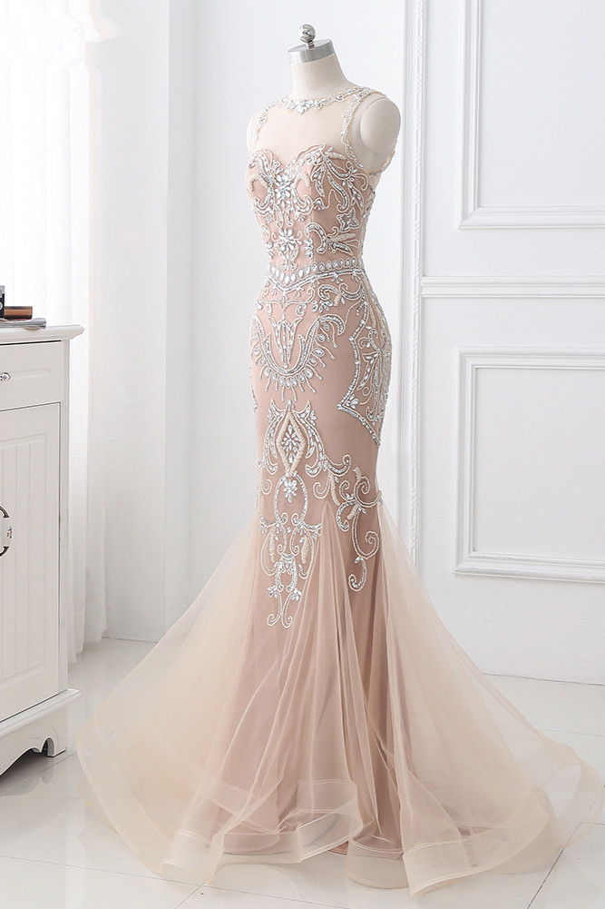 BMbridal Affordable Tulle Jewel Sleeveless Mermaid Prom Dress with Appliques