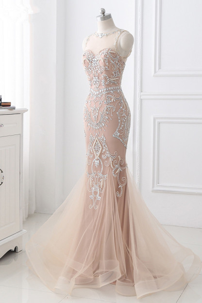 BMbridal Affordable Tulle Jewel Sleeveless Mermaid Prom Dress with Appliques