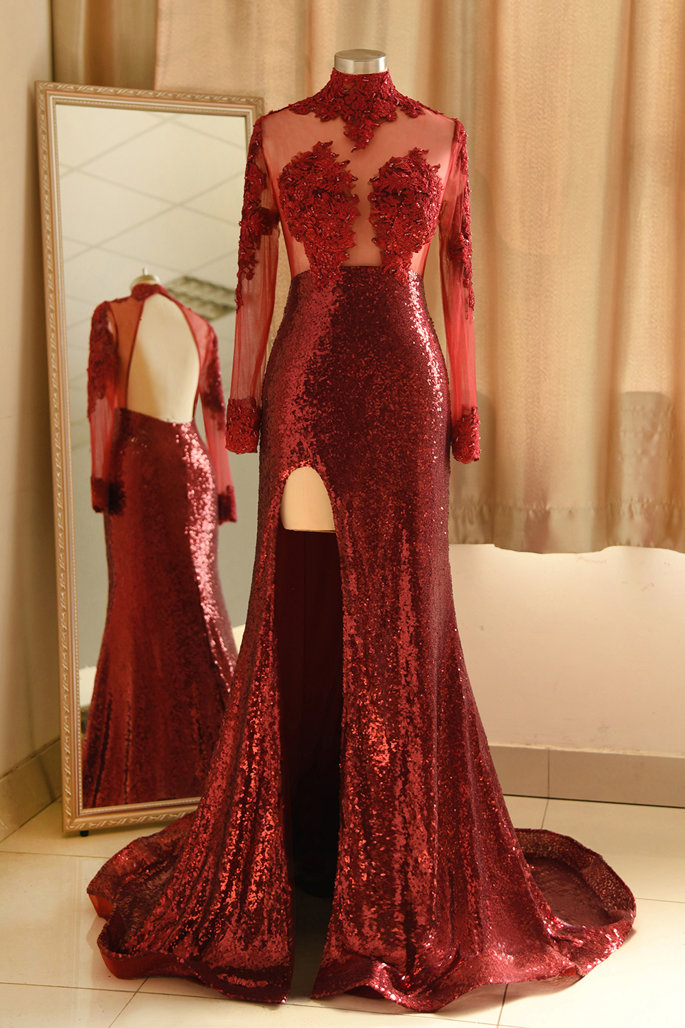 BMbridal Sexy High-Neck Burgundy Sequined Slit Prom Dresses Long Sleeves Appliques Backless Formal Dress with Sheer Top-BMbridal