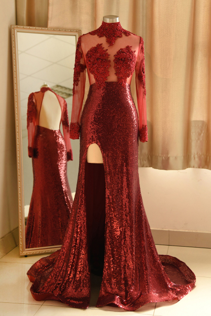 BMbridal Sexy High-Neck Burgundy Sequined Slit Prom Dresses Long Sleeves Appliques Backless Formal Dress with Sheer Top-BMbridal