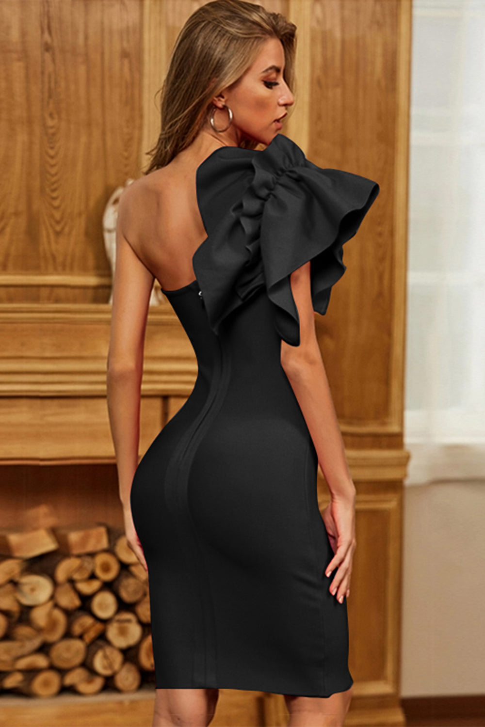 Black Bodycon Cocktail Dress with Ruffles-BMbridal