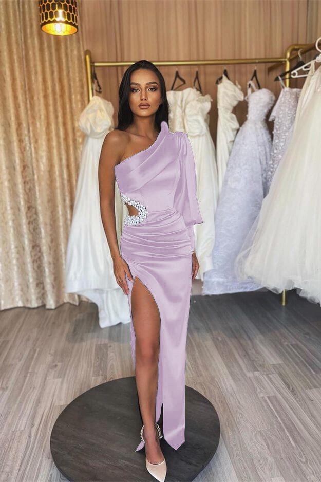 Black One Shoulder Pleated Prom Dress One Long Sleeve With Beading