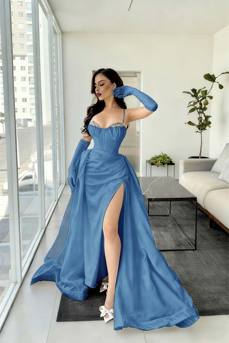 Spaghetti Strap Sleeveless Long Mermaid Prom Dress With Split Gloves