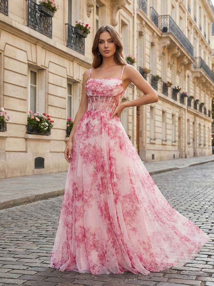 Pink Floral Corset Tulle Long Prom Dress with Delicate Spaghetti Straps