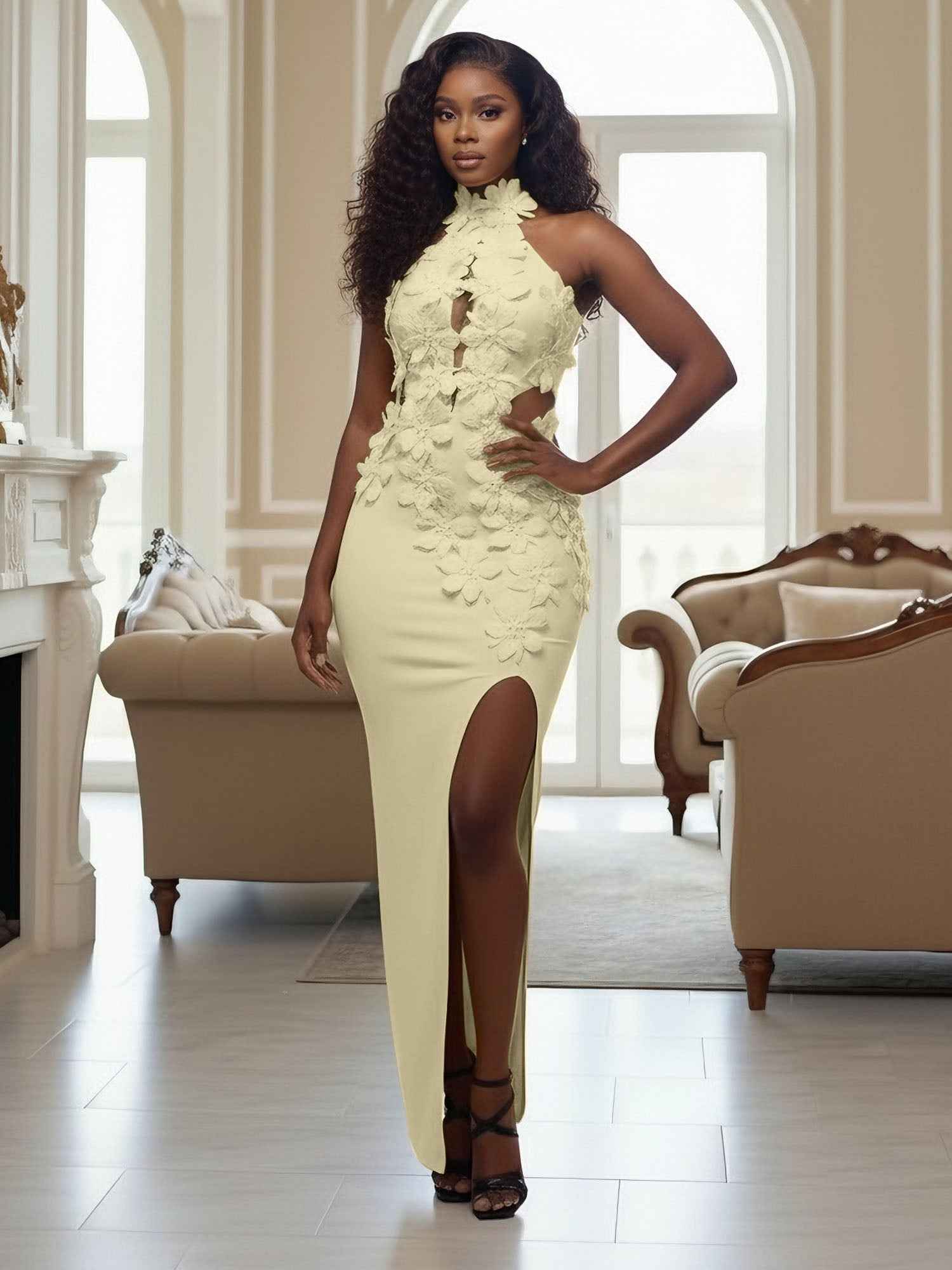 Yellow Halter Neck 3D Flower Mermaid Long Prom Dress with Slit