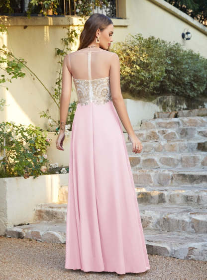 A-line Scoop Chiffon Appliques Floor-Length Dresses Dark Navy-BMbridal