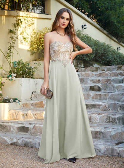 A-line Scoop Chiffon Appliques Floor-Length Dresses Dark Navy-BMbridal
