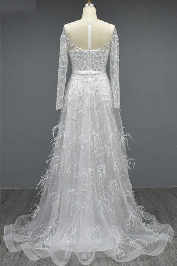 Bmbridal Long Sleeves White Evening Dress A-Line With Feather