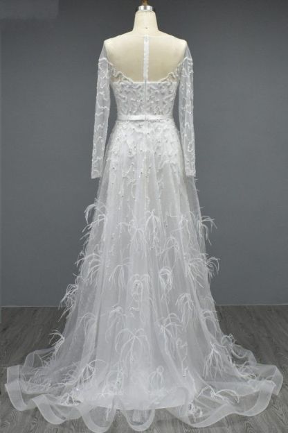 Bmbridal Long Sleeves White Evening Dress A-Line With Feather