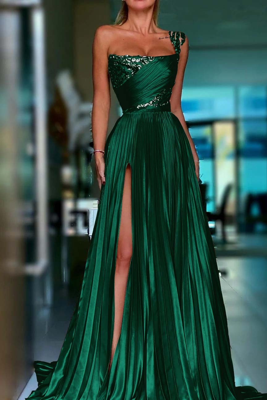One Shoulder Sleeveless Long Prom Dress With High Split Sequins