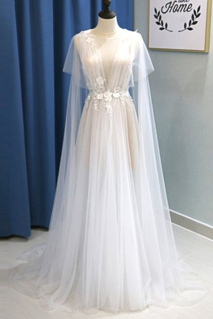 BMbridal Glamorous White Tulle V-Neck Beach Wedding Dress A Line Flower Bridal Gowns On Sale