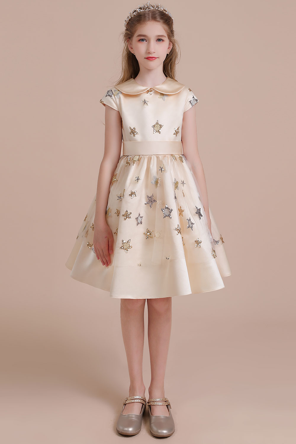 BMbridal A-Line Cap Sleeve Star Sequins Tulle Flower Girl Dress Online-BMbridal