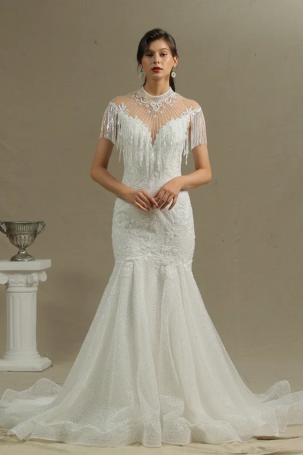 Shimmy High Neck Mermaid Wedding Dress with Beadings Tassel