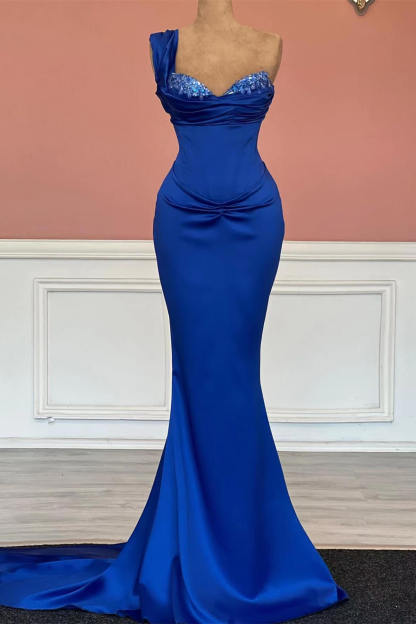 Bmbridal Royal Blue Mermiad One Shoulder Satin Prom Dress with Ruffles