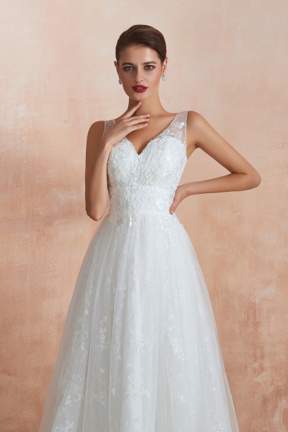 BMbridal Affordable V-Neck Tulle Lace Long White Wedding Dresses Online