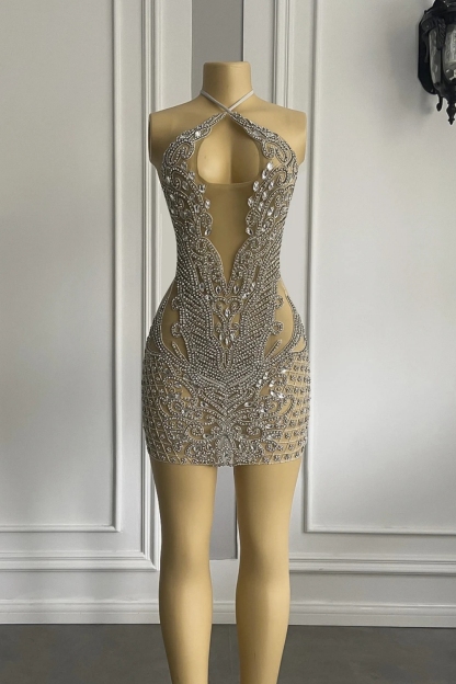 Luxurious Halter Sleeveless Short Sheath Sequined Prom Dresses with Rhinestones
