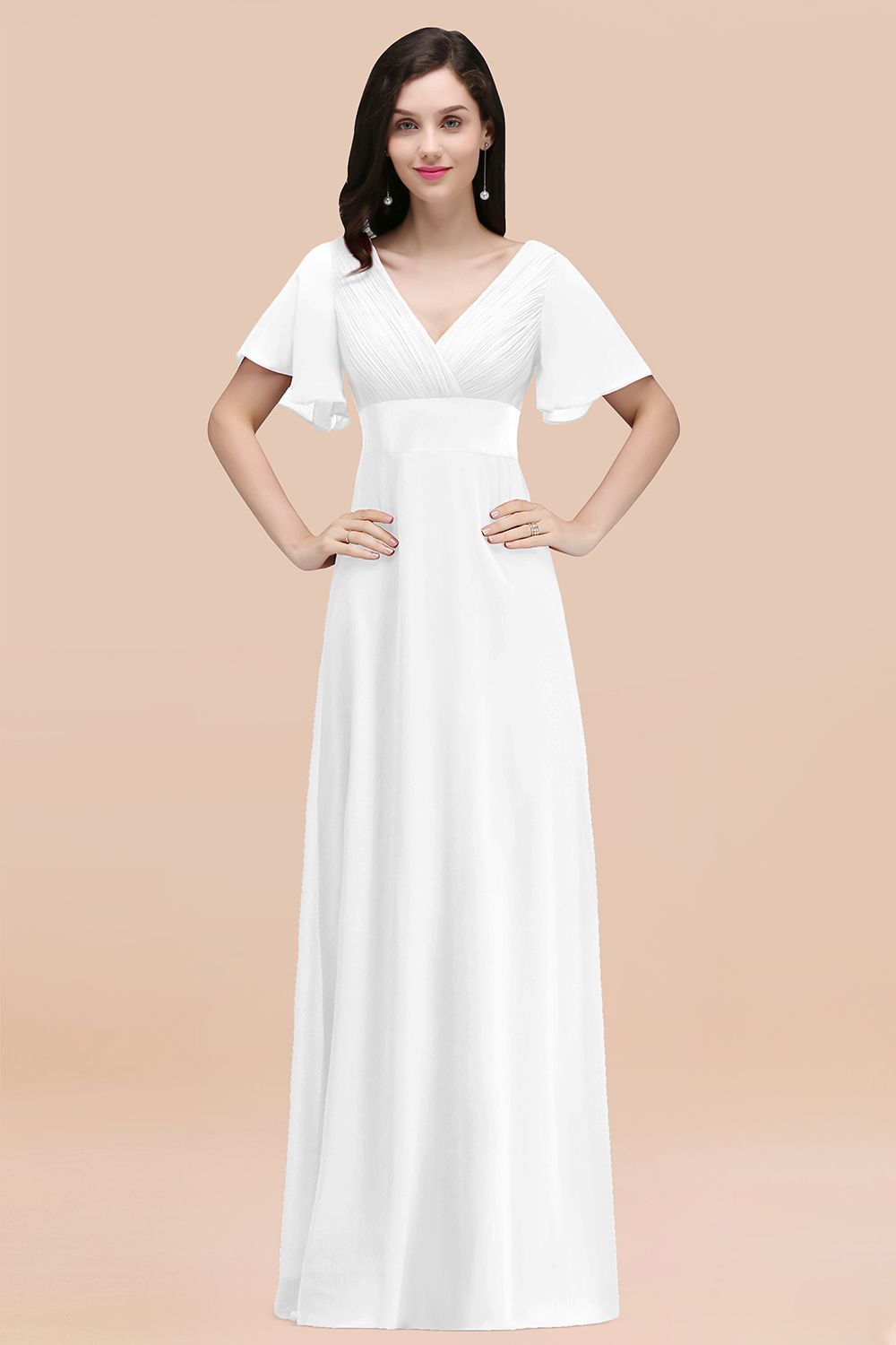 BMbridal Affordable V-Neck Ruffle Long Burgundy Bridesmaid Dress With Short-Sleeves-BMbridal