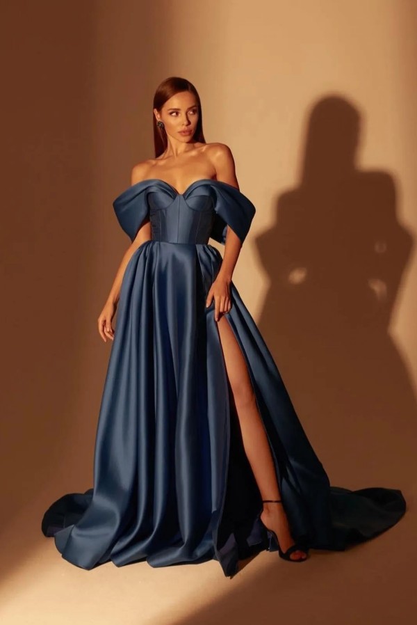 Bmbridal Dark Blue Off-the-Shoulder Prom Dress A-Line