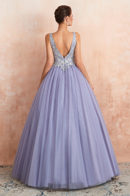 BMbridal Gorgeous Lavender Lace Prom Dress V-Neck Ball Gown Tulle Formal Wears