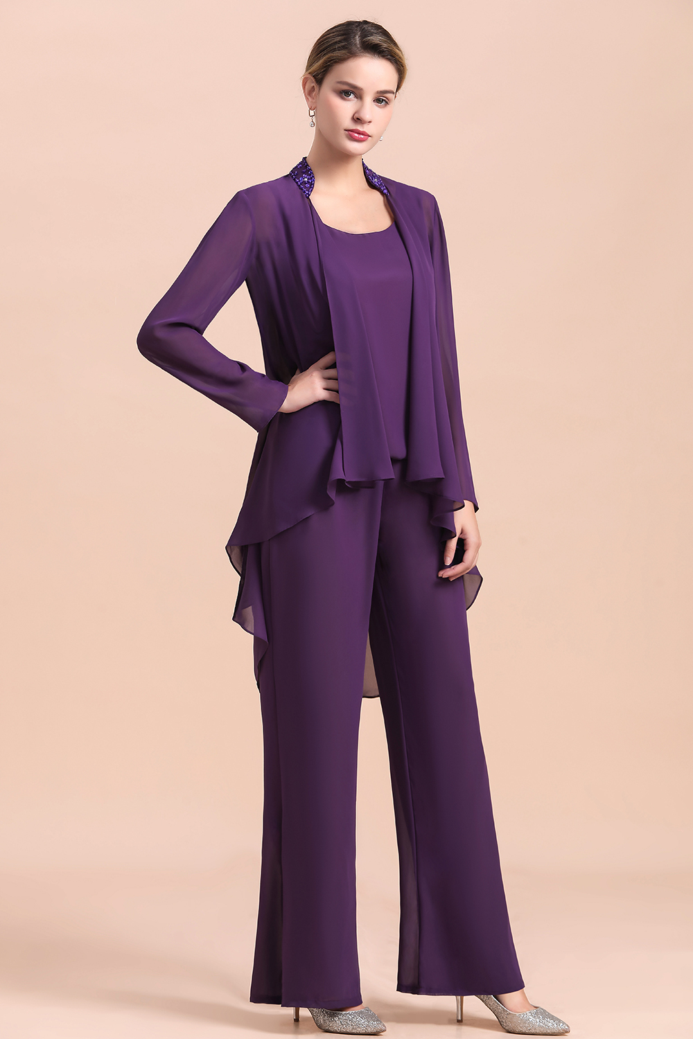 BMbridal Affordable Straps Beading Grape Chiffon Mother of Bride Jumpsuit Online with Wrap-BMbridal