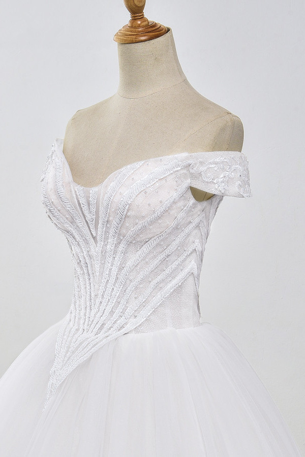 BMbridal Stunning Off-the-Shoulder Ball Gown White Tulle Wedding Dress Sweetheart Sleeveless Beadings Bridal Gowns Online-BMbridal