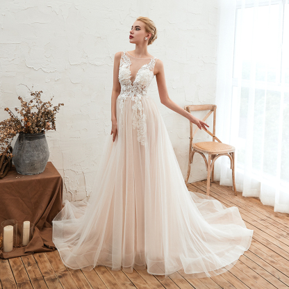 BMbridal Unique Tulle V-Neck Ivory Affordable Wedding Dress with Appliques